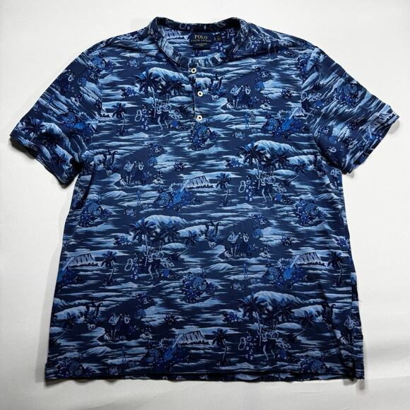 Polo Ralph Lauren Men's Featherweight Mesh Blue Hawaiian Henley Shirt - Size L - Picture 1 of 4